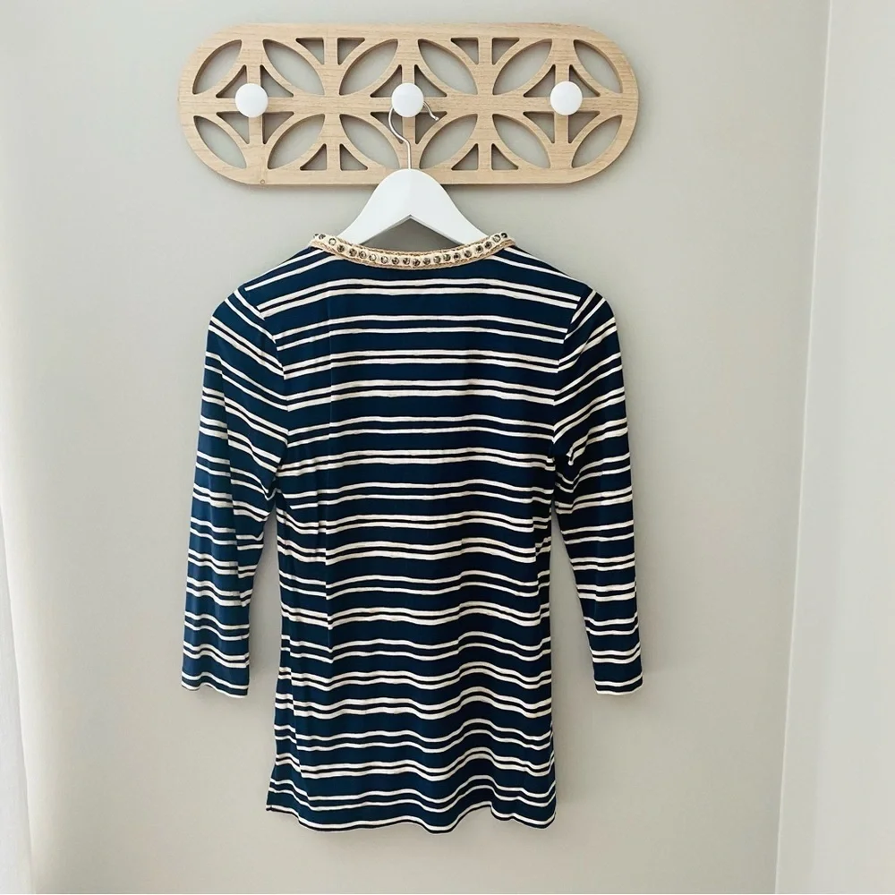Tory Burch Striped V-Neck Top Navy Blue/Cream Sz Small